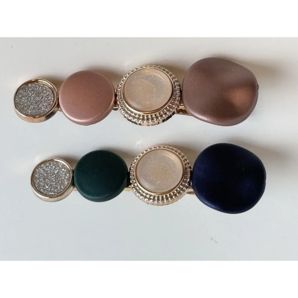 Set Multi Color Stone Gold Tone Alligator Hair Clips Navy Green Bronze Mauve J-0